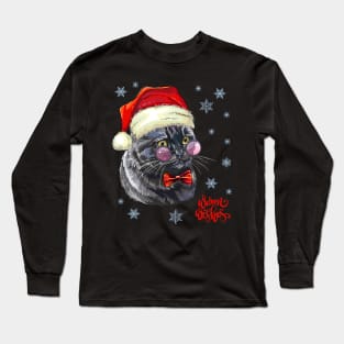 Warm Wishes Black Cat Santa Claus Christmas Gift Long Sleeve T-Shirt